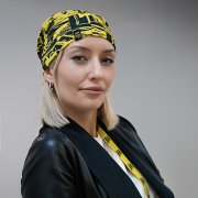 Образец снуд с сублимационной печатью и жаккардовым логотипом CUSTOM MERCH, 100% полиэстер, 32*25 см черный, желтый