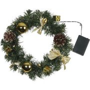 Венок еловый DECORAGE, диаметр 30 см, 10 LED ламп, на батарейках, зелёная хвоя, золотистые украшения