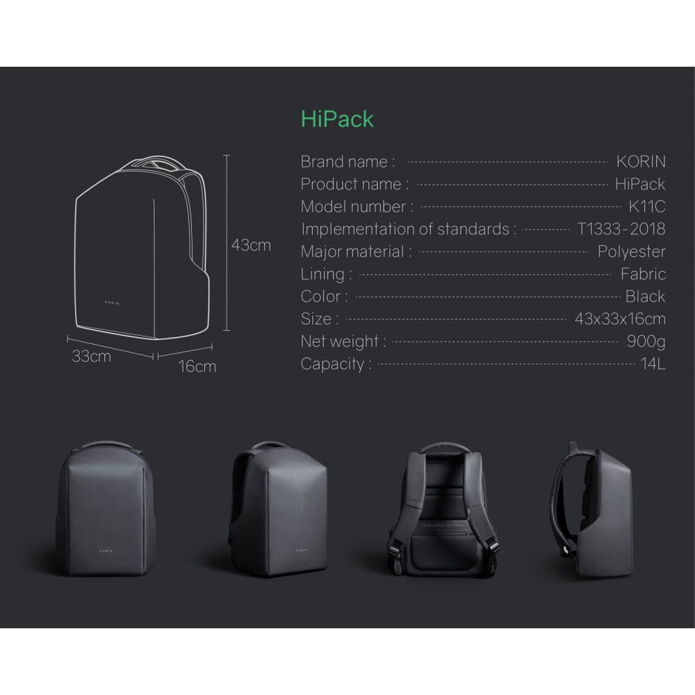 Рюкзак KORIN HiPack 43х33х16 см, черный арт. K11C Рюкзак KORIN HiPack 43х33х16 см, черный арт. K11C