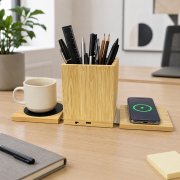 Настольный органайзер Bambrew c беспроводной зарядкой и функцией подогрева, светло-коричневый