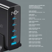 Зарядная станция 3xUSB Type-C, 2xUSB, PD, QC, 140Вт