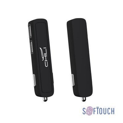 Автомобильное зарядное устройство "Slam" с 2-мя разъёмами USB, покрытие soft touch черный