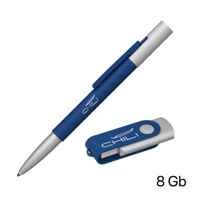 Набор ручка "Clas" + флеш-карта "Vostok" 8 Гб в футляре, покрытие soft touch темно-синий