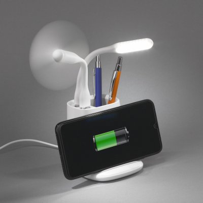 Карандашница "Smart Stand" с беспроводным зарядным устройством, вентилятором и лампой (2USB разъёма) белый