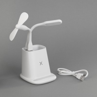 Карандашница "Smart Stand" с беспроводным зарядным устройством, вентилятором и лампой (2USB разъёма) белый