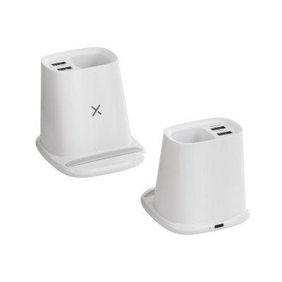 Карандашница "Smart Stand" с беспроводным зарядным устройством, вентилятором и лампой (2USB разъёма) белый