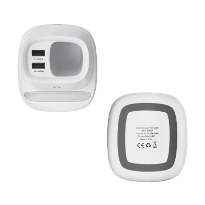 Карандашница "Smart Stand" с беспроводным зарядным устройством, вентилятором и лампой (2USB разъёма) белый