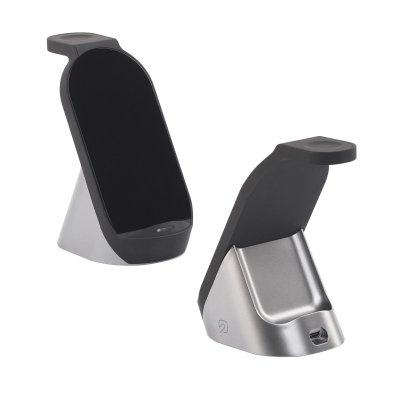 Настольная беспроводная (15W) зарядная станция "Tower" для часов, наушников, смартфона, с подсветкой логотипа черный с серым