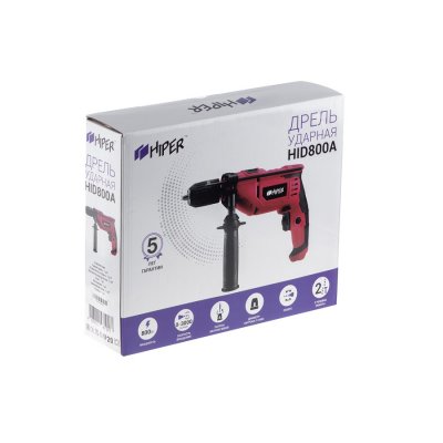 Дрель ударная HIPER HID800A, в коробке, 800Вт красный арт. 37212