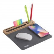 Настольная подставка с беспроводным зарядным устройством, переработанная кожа/бамбук серый с бежевым