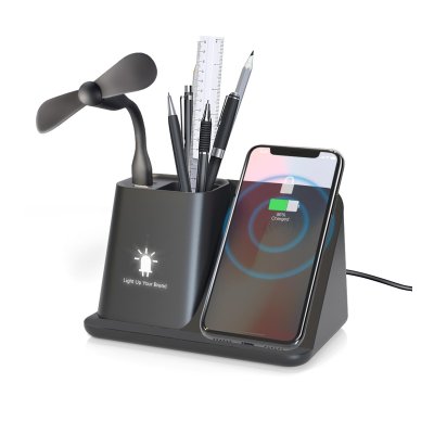 Карандашница "Black Star" с беспроводным (10W) зарядным устройством, вентилятором и лампой, с подсветкой логотипа черный
