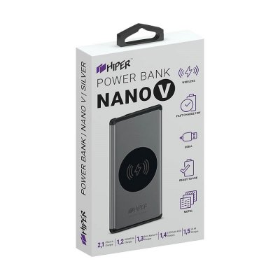 Универсальный аккумулятор NANO V Silver 5000 мАч, с беспроводной зарядкой в алюминиевом корпусе Серебро