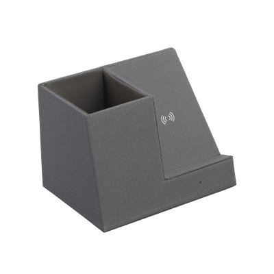 Карандашница "Cool Gray" с беспроводным зарядным устройством, переработанный пластик (RPET) серый