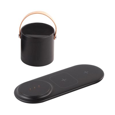 Настольная беспроводная (15W) зарядная станция "Blacksmith" с bluetooth колонкой с подсветкой логотипа черный