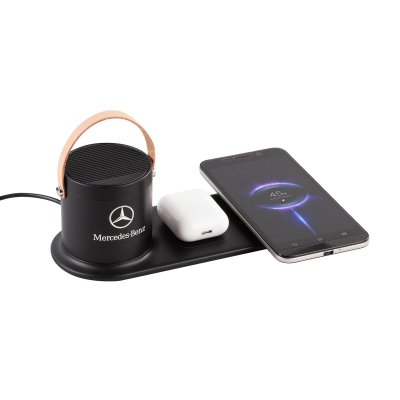 Настольная беспроводная (15W) зарядная станция "Blacksmith" с bluetooth колонкой с подсветкой логотипа черный