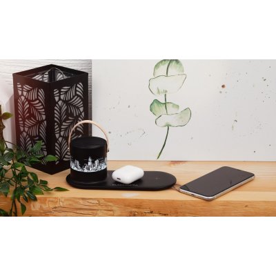 Настольная беспроводная (15W) зарядная станция "Blacksmith" с bluetooth колонкой с подсветкой логотипа черный