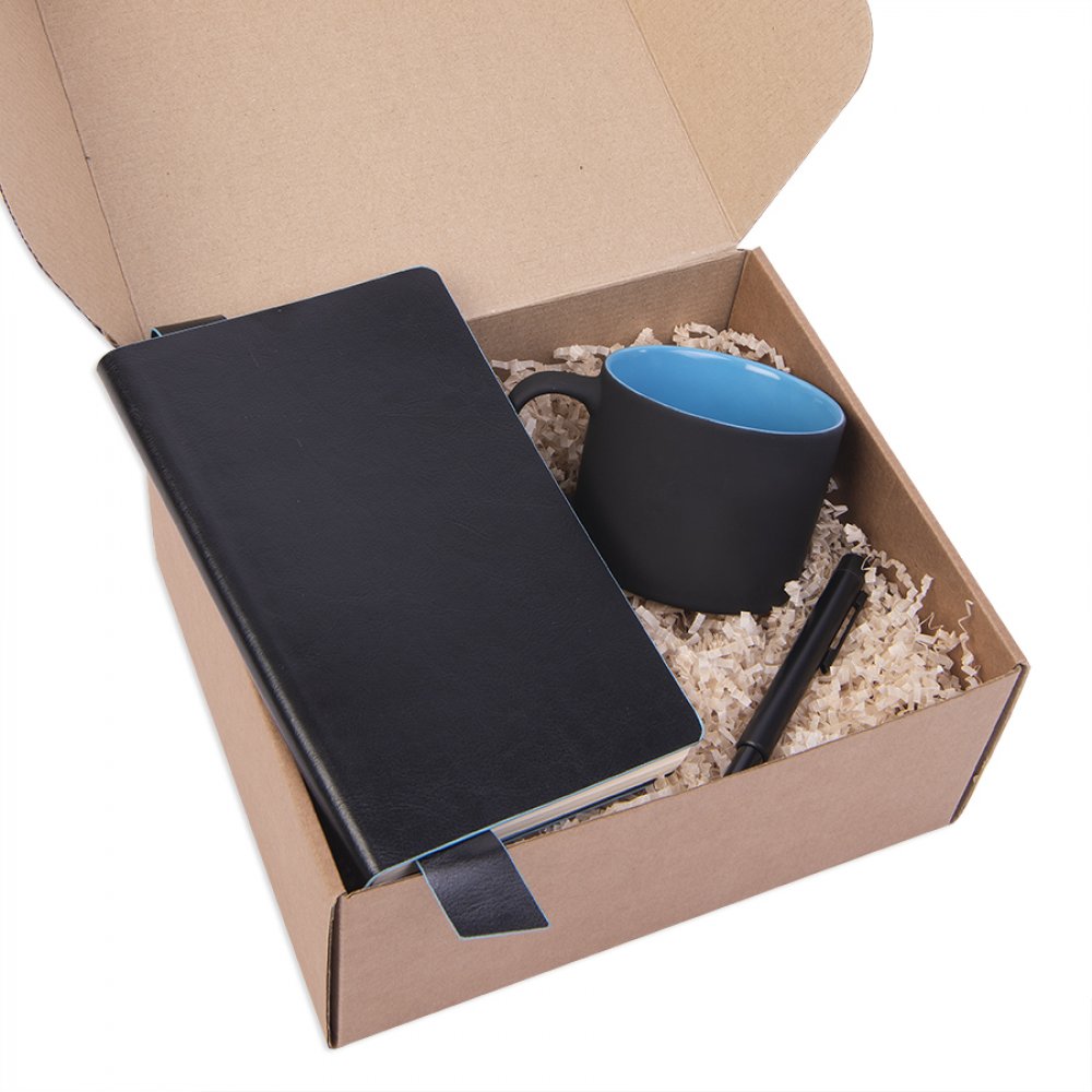 Подарочный набор DAILY COLOR: кружка, бизнес-блокнот, ручка с флешкой 4 ГБ, черный/голубой черный, голубой арт. 39492/22 Подарочный набор DAILY COLOR: кружка, бизнес-блокнот, ручка с флешкой 4 ГБ, черный/голубой черный, голубой арт. 39492/22