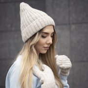 Шапка бини вязаная НАСВЯЗИ© шерсть/ акрил Бежевый