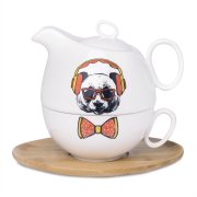 Чайник с кружкой на подставке "Мила" без упаковки, 21,5х24х12см,500мл и 300мл, фарфор, бамбук коричневый, белый