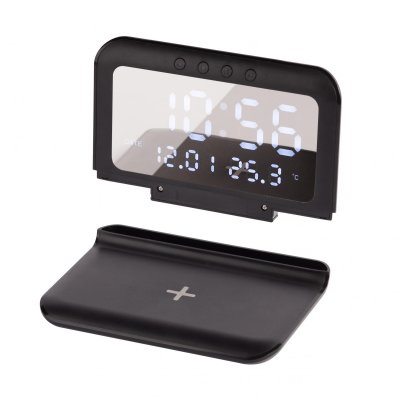 Настольные часы "Smart Time" с беспроводным (15W) зарядным устройством, будильником и термометром, со съёмным дисплеем черный