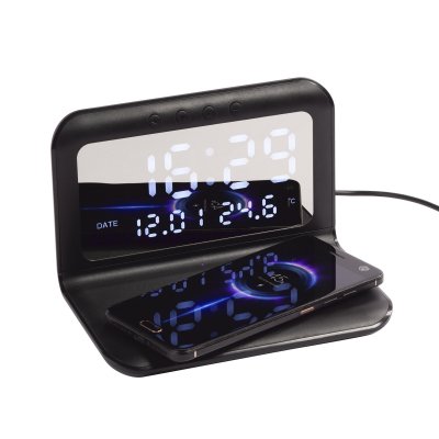Настольные часы "Smart Time" с беспроводным (15W) зарядным устройством, будильником и термометром, со съёмным дисплеем черный