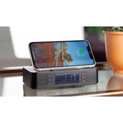 Настольные часы "Smart Box" с bluetooth колонкой (2х3Вт), беспроводным (15W) зарядным устройством и складной подставкой под смартфон черный