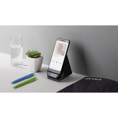 Настольные часы "Smart Pyramid" с bluetooth колонкой (3Вт) и беспроводным (15W) зарядным устройством, с подсветкой логотипа черный