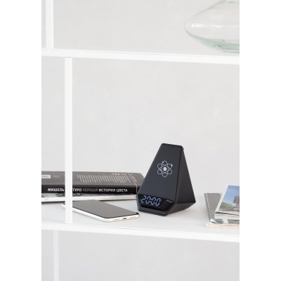 Настольные часы "Smart Pyramid" с bluetooth колонкой (3Вт) и беспроводным (15W) зарядным устройством, с подсветкой логотипа черный