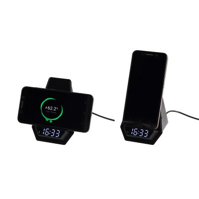 Настольные часы "Smart Pyramid" с bluetooth колонкой (3Вт) и беспроводным (15W) зарядным устройством, с подсветкой логотипа черный