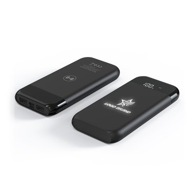 Беспроводное зарядное устройство "ShineMax SOFTTOUCH", 10000 mAh с подсветкой логотипа и цифровым индикатором заряда черный