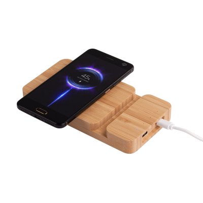 Беспроводное (10W) зарядное устройство "Bamboo Power" 5000 mAh с подставкой под смартфон, бамбук бежевый