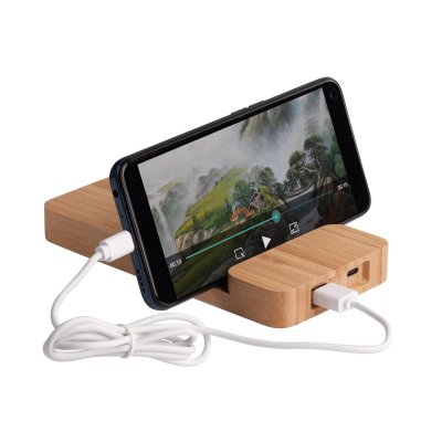 Беспроводное (10W) зарядное устройство "Bamboo Power" 5000 mAh с подставкой под смартфон, бамбук бежевый