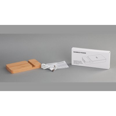 Беспроводное (10W) зарядное устройство "Bamboo Power" 5000 mAh с подставкой под смартфон, бамбук бежевый