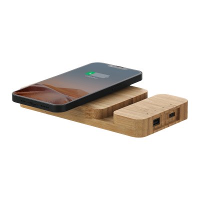 Беспроводное (10W) зарядное устройство "Bamboo Power" 5000 mAh с подставкой под смартфон, бамбук бежевый