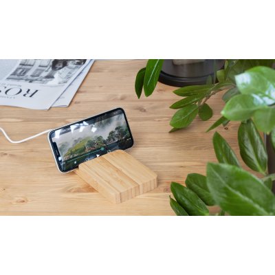 Беспроводное (10W) зарядное устройство "Bamboo Power" 5000 mAh с подставкой под смартфон, бамбук бежевый