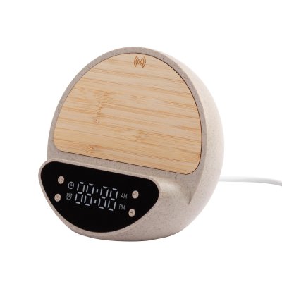 Настольные часы "Smiley" с беспроводным (10W) зарядным устройством и будильником, пшеница/бамбук/пластик бежевый