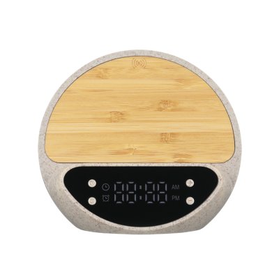 Настольные часы "Smiley" с беспроводным (10W) зарядным устройством и будильником, пшеница/бамбук/пластик бежевый