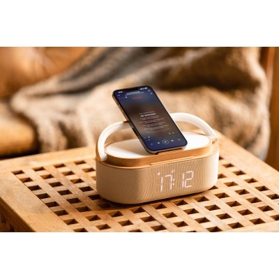 Bluetooth стерео-колонка "Smart Band" 10Вт (2х5Вт) с беспроводным (15W) ЗУ, лампой, часами, FM радио бежевый