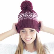 Шапка вязаная с снежинками и помпоном "FLAKE"_бордо, 100% акрил Бордовый