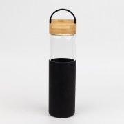 Бутылка стеклянная с силиконовой манжетой и бамбуковой крышкой Glass, черная