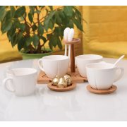 Чайная пара с ложкой (4шт) на подставке "Ксю" в упаковке, 200 мл, фарфор коричневый, белый