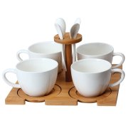 Чайная пара с ложкой (4шт) на подставке "Ксю" в упаковке, 200 мл, фарфор коричневый, белый