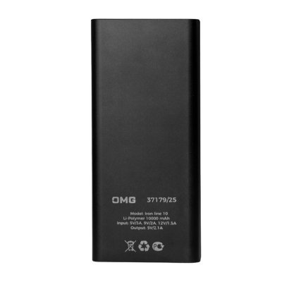 Универсальный аккумулятор OMG Iron line 10 (10000 мАч), металл, черный, 14,7х6.6х1,5 см Черный