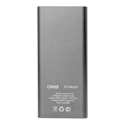 Универсальный аккумулятор OMG Iron line 20 (20000 мАч), металл, серебристый, 14,7х6.6х2,7 см Серебро