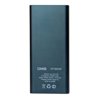 Универсальный аккумулятор OMG Iron line 20 (20000 мАч), металл, синий, 14,7х6.6х2,7 см Синий