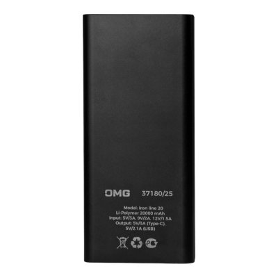 Универсальный аккумулятор OMG Iron line 20 (20000 мАч), металл, черный, 14,7х6.6х2,7 см Черный