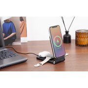 Складная беспроводная (15W) зарядная станция "Clap" для смартфона, часов и наушников, с подсветкой логотипа и подставкой черный