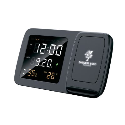Настольные часы "Smart Screen" с беспроводным (15W) зарядным устройством, гигрометром, термометром, календарём, с подсветкой логотипа черный