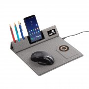Настольная складная подставка "Cool Mat" с беспроводным (15W) зарядным устройством, сенсорной подсветкой логотипа и ковриком для мыши серый