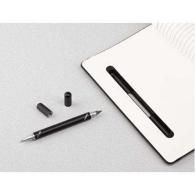 Блокнот с ручкой и вечным карандашом в пенале, с подставкой под смартфон черный